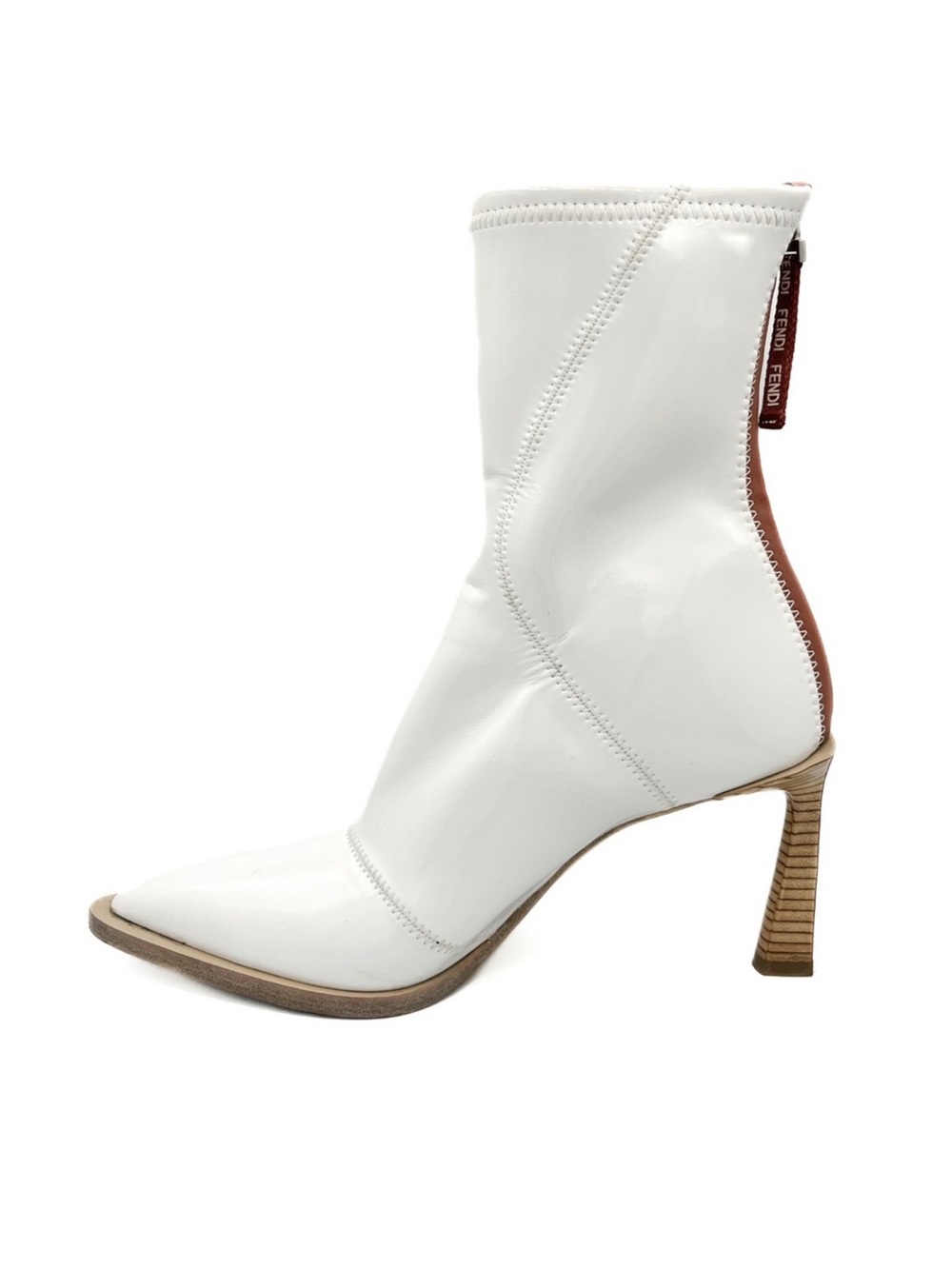 Fendi FFrame Glossy Neoprene Pointed Toe White Stiletto Heel Ankle Boots
